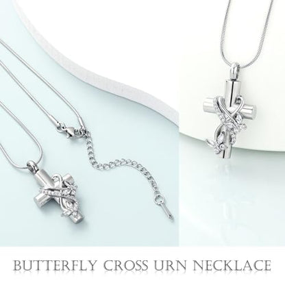 Imrsanl Butterfly Cross Urn Necklace for Ashes Men Women Cremation Jewelry Ashes Pendant for Human Memorial Ash Jewelry - color: Silver