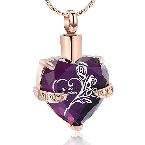 constantlife Crystal Heart Shape Cremation Jewelry Memorial Urn Necklace for Ashes, Stainless Steel Ash Holder Pendant Keepsake with Gift Box Charms Accessories for Women - color: Rose Gold +Purple