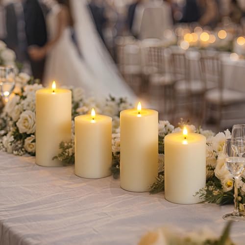 Flameless Real Wax 4" x6" Ivory Timer Remote Pillar Candle Grease Design, Battery Operated Long Lasting 3D Wick LED Flickering Pack of 2 Fake Candles Warm Light