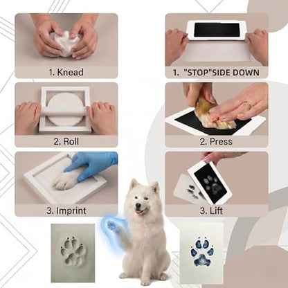 White Pet Paw Print Keepsake Photo Frame, Mess-Free 3-Panel Wooden Pet Loss Memorial Kit for Dog & Cat - color: white