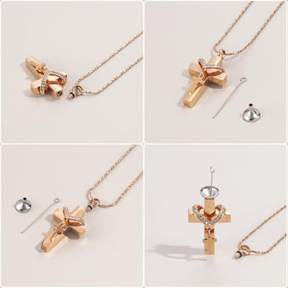 Cross Urn Necklace for Ashes Cremation Jewelry with Mini Keepsake Engraved Memorial Ash Pendant for Loved Ones Sympathy Gift - With Me Always - color: Rose Gold-With Me Always