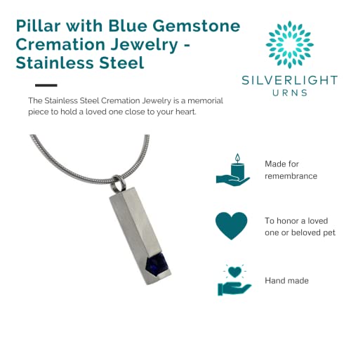 Pillar with Blue Gemstone Cremation Jewelry, Stainless Steel Jewelry, Cremation Jewelry for Ashes - color: Blue Gemstone