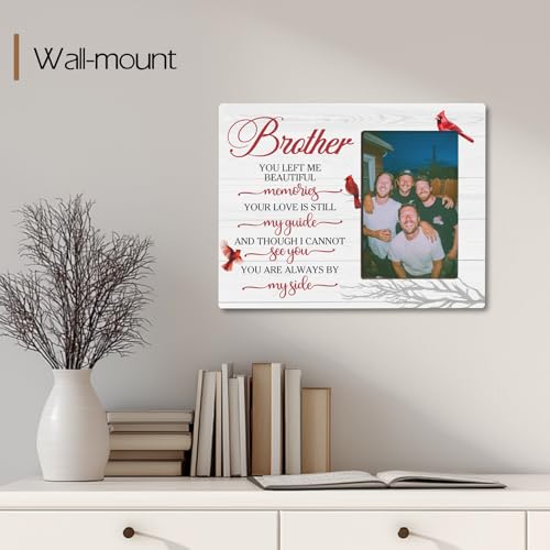 Brother Memorial Cardinals Wooden Picture Frame Gifts for Loss of Brother, Always By My Side Sympathy Gifts, Fits 4x6 Photo Frame - color: Red-brother