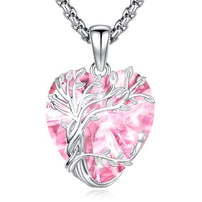 Eusense Tree of Life Necklace for Women Men Sterling Silver 925 Tree Urn Locket Cremation Jewelry Family Tree Pendant Gifts for Her Him Mom Dad Grandma Daughter - style: E-G-Tree of Life Necklace 10-Pink