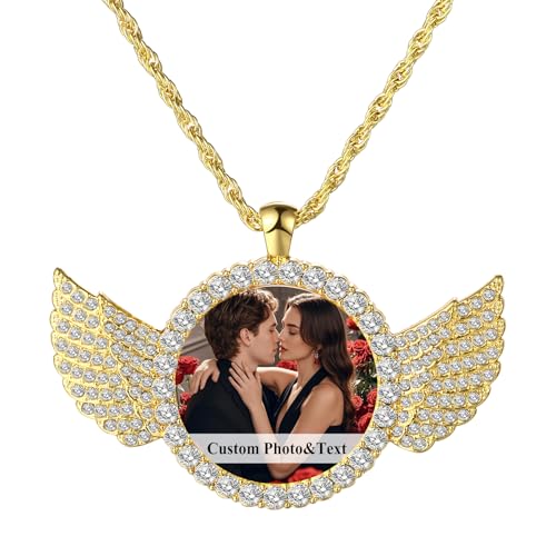 OIDEA Personalized Photo Picture Necklace: Shiny Rhinestones Angel Wings Locket Pendant Chain Necklaces Memorial Jewelry Gifts - color: 1. gold custom