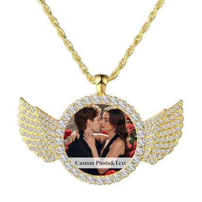OIDEA Personalized Photo Picture Necklace: Shiny Rhinestones Angel Wings Locket Pendant Chain Necklaces Memorial Jewelry Gifts - color: 1. gold custom