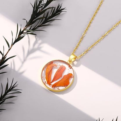 AUNTESIGN Forget-Me-Not and Queen Anne's Lace Pressed Wildflower Necklace | Birth Month Flowers Necklace | Gold/Silver Pressed Flower Jewelry | Mother's Day | Gift For Her - color: Marigold Necklace