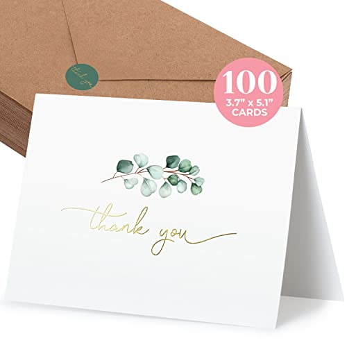 100 Heavyweight Blank Thank You Cards with Envelopes for a Personal Touch, Eucalyptus Thank You Card for Any Occasion, Wedding, Bulk Pack Card with Envelopes & Stickers (3.7 x 5.1 Inches) (100 Pack) - color: Eucalyptus 100PCS