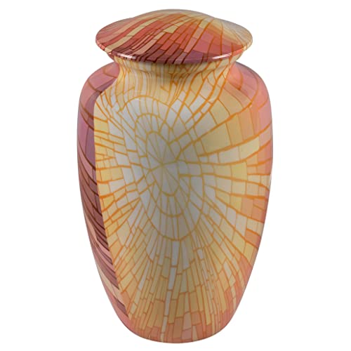 Sunburst Cremation Urn for Ashes, Aluminum, Orange and Yellow Urn, Adult Sized Cremation Urn, 10.5 Inches High - color: Sunburst