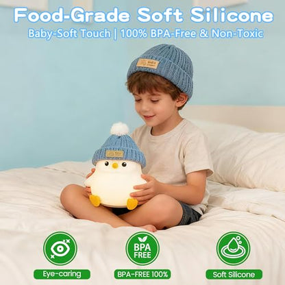 FAMIDUO Penguin Night Light for Kids, Silicone Nursery Lamp with Knit Hat - color: Grey Sitting Penguin
