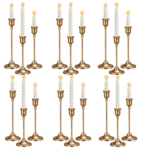 6 Sets Candle Holder Brass Gold Candlestick Holders - Vintage Modern Metal Taper Candle Holders, Decorative Centerpiece for Table Mantel, Wedding Kitchen Home Decor, Wedding Gift,18Pcs - color: Brass Gold, size: 18pcs