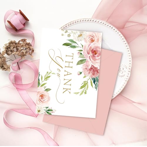48 Pack Thank You Cards with Envelopes Pink and Stickers, Floral Thank You Cards for Graduation, Summer Wedding Bridal Appreciation Banquet, Baby Shower, Graduation Ceremony, Birthday Greeting Letter - style: 48pcs - Pink Flowers