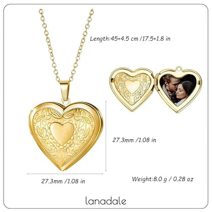 Gold Locket Necklace for Women, Vinatge Heart Oval Butterfly Angel Engraved Pendant that Holds Picture Photo Locket Memorial Necklace Personalized Jewelry Birthday Gifts - color: Heart/Gold