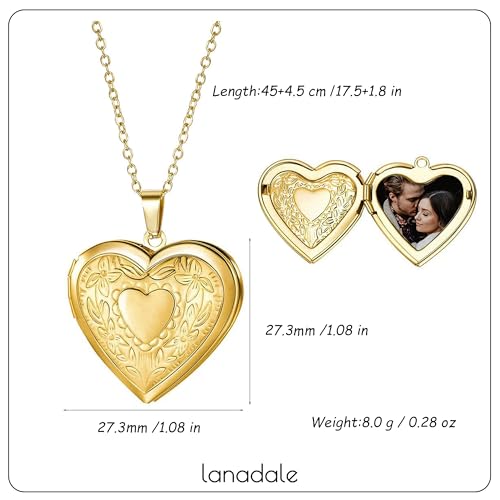 Gold Locket Necklace for Women, Vinatge Heart Oval Butterfly Angel Engraved Pendant that Holds Picture Photo Locket Memorial Necklace Personalized Jewelry Birthday Gifts - color: Heart/Gold