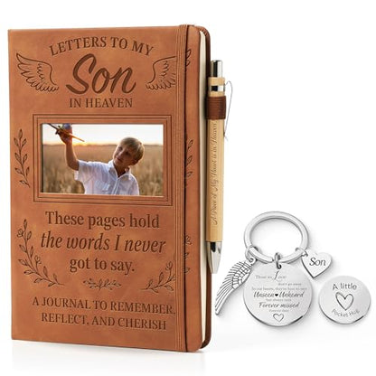 Letters to My Son in Heaven Leather Journal with Photo Slot, Sympathy Gift for Loss of Son, Memorial A5 Notebook with Wood Pen & Keychain, Bereavement Gift for Grieving Parents - color: Loss of Son