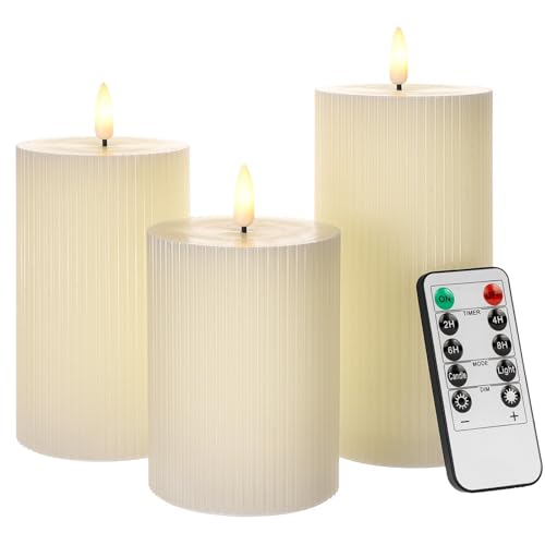Ribbed Flameless Pillar Candles Battery Operated with Remote for Home Decor | Ivory Real Wax LED Candles with 2/4/6/8H Timer for Bathroom, Living Room, Set of 3 - color: Ivory White(Ribbed)