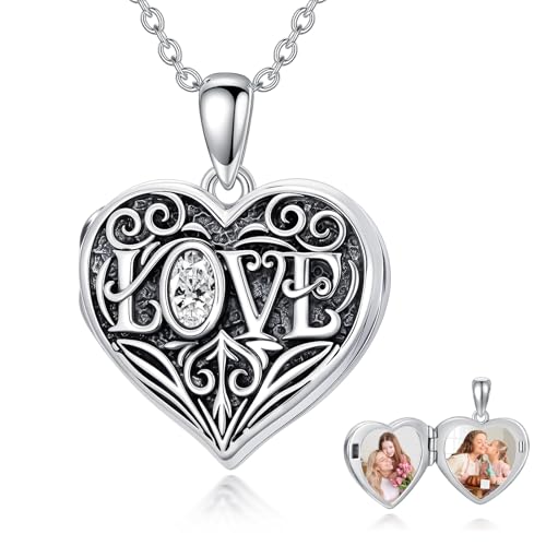 Mom Photo Locket Necklace 925 Sterling Silver Mothers Necklace Mother Photo Locket Pendant Mom Jewelry for Mother's Day - color: love-no custom