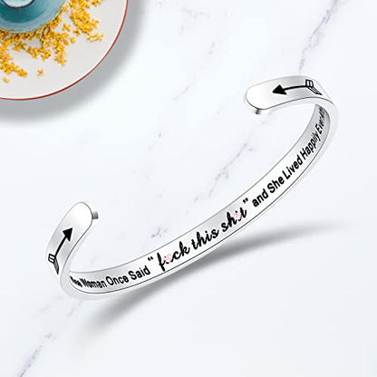 TONY & SANDY Inspirational Bracelets for Women Teen Girls Personalized Gifts for Daughter Granddaughter Mom Sister Friends Stainless Steel Engraved Cuff Birthday Easter Christmas - style: A Wise Woman Once Said f**k This s**t and she Lived Happily Ever Af