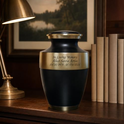 Black and Gold Cremation Urn for Human Ashes, Adult Engraved Memorial Urn