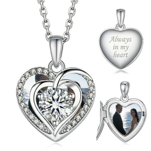 Locket Heart Necklace that Holds Pictures Photo Lockets Birthstone Pendant Anniversary Memorial Jewelry Gifts for Women - color: 04-April-Silver-Heart Locket