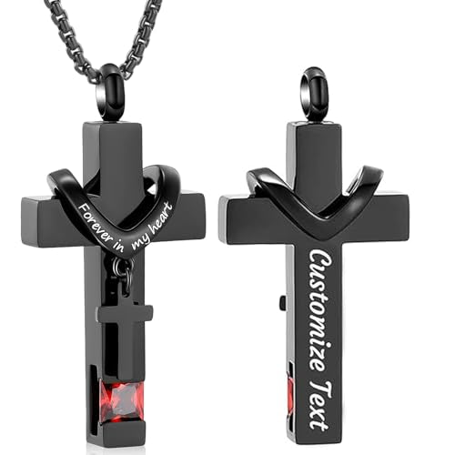 Oinsi Black Cross Urn Necklace For Ashes Of Loved Ones With Birthstone Always In My Heart Cremation Jewelry Keepsake Pendant Women Men - color: Customize