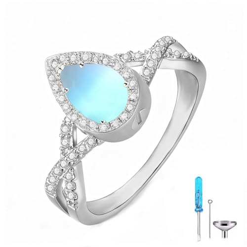 Birthstone Cremation Urn Rings for Ashes for Women 925 Sterling Silver Pear Cut Gemstone with Moissanite Urn Keepsake Ring Memorial Cremation Jewelry Hold Loved Ones Ashes