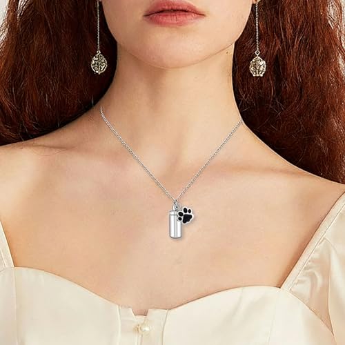Stainless Steel Pet Urn Necklace for Ashes - Memorial Cremation Jewelry with Black Paw Print Charm, Christmas/Mother's Day/Thanksgiving Sympathy Gift for Dog/Cat Lovers
