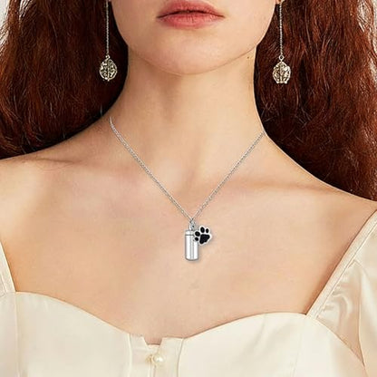 Stainless Steel Pet Urn Necklace for Ashes - Memorial Cremation Jewelry with Black Paw Print Charm, Christmas/Mother's Day/Thanksgiving Sympathy Gift for Dog/Cat Lovers