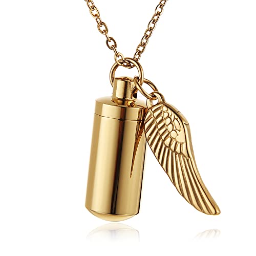 STWTR Stainless Steel Cylindrical Souvenir Capsule Pill Pendant Necklace, Cremated Ashes Pill Container Necklace - color: Gold-A