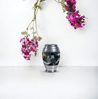 White Owl Sitting White Flower - Small Metal Ashes Urn - Miniature Urns for Ashes - Pack of 4 - Cremation Keepsakes - size: Pack Of 4