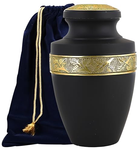 Cremation Urns for Human Ashes Adult – Handcrafted Aluminum Memorial Urn with Gold Leaf Engraving & Velvet Carry Bag, Decorative Funeral Burial Urn with Secure Screw Lid, (Black & Gold) - color: Black Gold, size: Hand Engraved