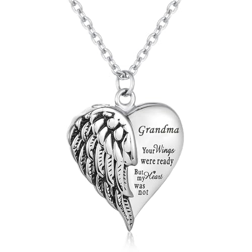 Heart Cremation Urn Necklace Human Ashes Jewelry for Women Men Engraved Your Wings were Ready but My Heart was Not Angel Wings Memorial Pendant Necklace Gift for Family Members - color: Grandma