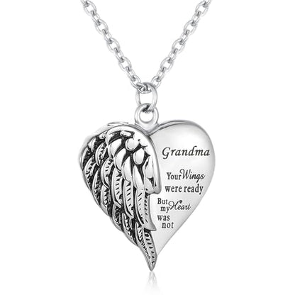 Heart Cremation Urn Necklace Human Ashes Jewelry for Women Men Engraved Your Wings were Ready but My Heart was Not Angel Wings Memorial Pendant Necklace Gift for Family Members - color: Grandma