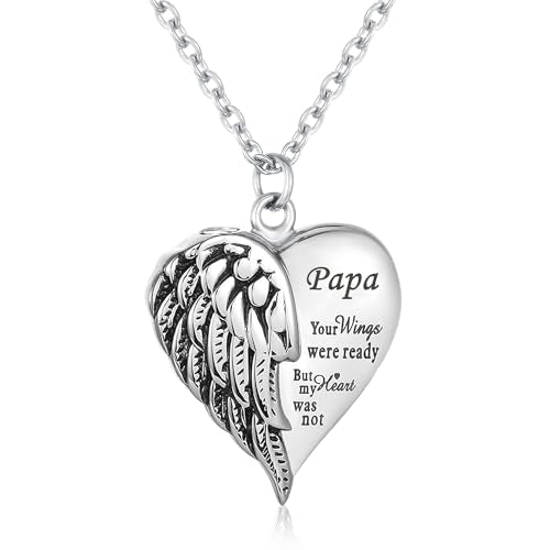 Heart Cremation Urn Necklace Human Ashes Jewelry for Women Men Engraved Your Wings were Ready but My Heart was Not Angel Wings Memorial Pendant Necklace Gift for Family Members - color: Papa
