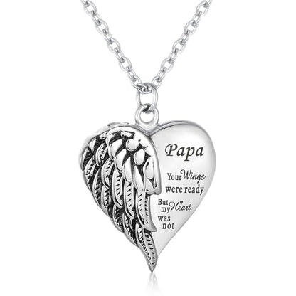 Heart Cremation Urn Necklace Human Ashes Jewelry for Women Men Engraved Your Wings were Ready but My Heart was Not Angel Wings Memorial Pendant Necklace Gift for Family Members - color: Papa
