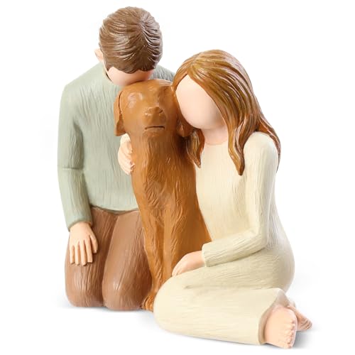 Hensonever Couple with Dog Figurines Ornaments, We are A Family Memorials Statues Gifts for Dog Lovers - color: Family of Three