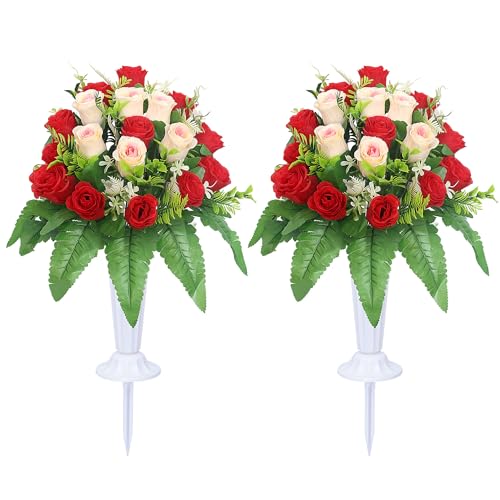 Cemetery Flowers for Grave Memorial Grave Flowers with Vases for Cemetery Grave Decoration 2sets - color: Red