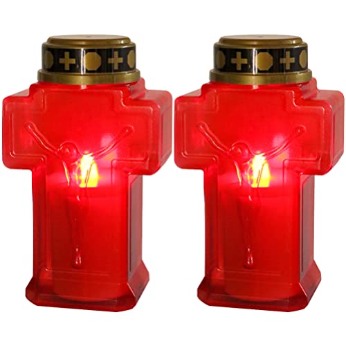 Uonlytech 2pcs Cross Candle Light, Red Flickering Flameless Candles Reusable Church Graveyard Led Candles Grave Decorations for Remembrance - size: 15.3x6.8cm