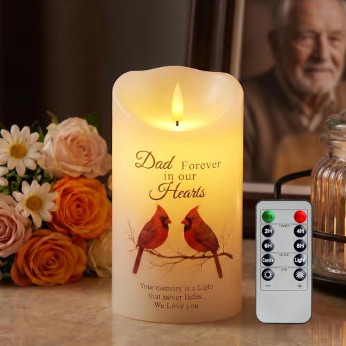 Homemory Cardinal Memorial Candle Sympathy Gifts for Loss of Loved One, Dad | 4x7 Real Wax LED Candle with Remote Timer for Loss of Dad, 3D Flameless Flickering Flame for Remembrance at Home or Funeral - color: Cardinal In Loving Memory of Dad