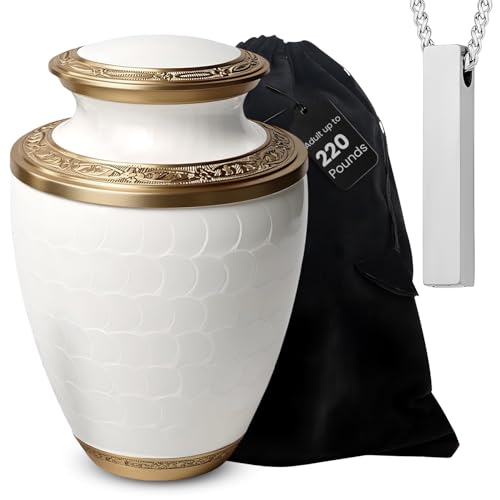 Family Tribute Eco-Friendly White & Gold Cremation Urn for Ashes Set – Large Adult Funeral Urn (220lbs) with 1 Memorial Necklaces (White & Gold Large Urn, URN Set) - color: White & Gold Large Urn
