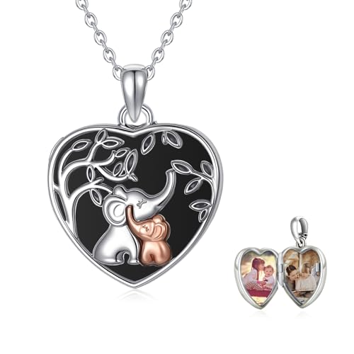 TUGHRA Locket Necklaces That Holds Picture Sterling Silver Elephant Locket Heart Pendant Necklace Photos Jewelry Gifts for Women Teen Mom Daughter - style: 02-Obsidian