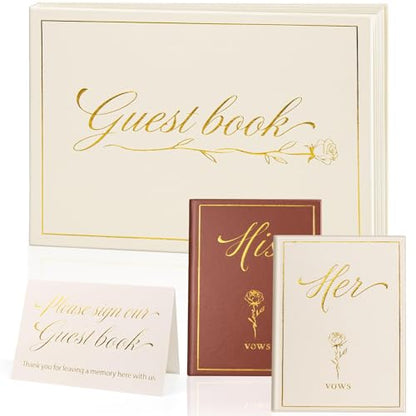 Wedding Vow Books His and Hers with Guest Book & Table Sign Set - color: Beige & Brown