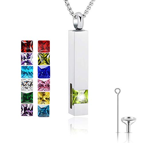YOUFENG Urn Necklaces for Ashes Birthstone Cube Urns for Human Ashes Memorial Cremation Urn Locket Keepsake Ashes Jewelry - style: Silver - August