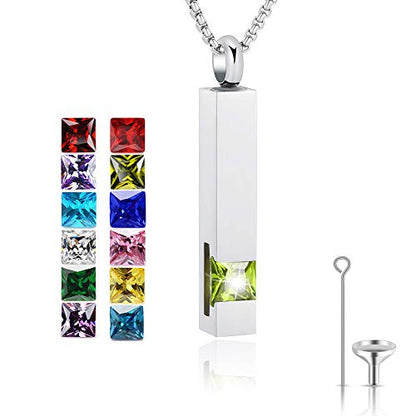 YOUFENG Urn Necklaces for Ashes Birthstone Cube Urns for Human Ashes Memorial Cremation Urn Locket Keepsake Ashes Jewelry - style: Silver - August