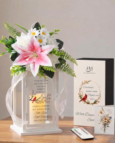 Sympathy Candle Lantern with Flower, Memorial Gift for Loss of Mom Dad Husband, Funeral Remembrance Lantern for Loss of Loved One - color: Cardinal/White