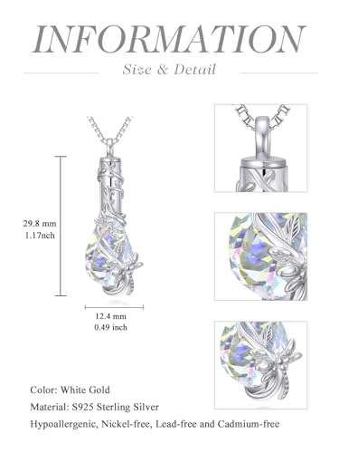 JKR Heart Urn Necklace for Ashes Crystal Keepsake Pendant Memorial Jewelry - style: Dragonfly-Teardrop