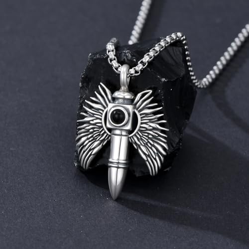 SIMONLY Bullet Urn Necklaces for Ashes 925 Sterling Silver Animal/Angel Wings/Pet/Jesus Necklace Bullet Pendant Cremation Jewelry for Men - color: Angel Wings