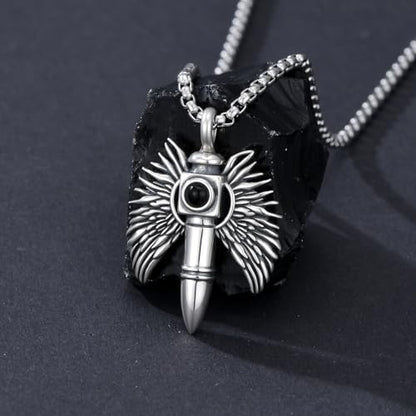 SIMONLY Bullet Urn Necklaces for Ashes 925 Sterling Silver Animal/Angel Wings/Pet/Jesus Necklace Bullet Pendant Cremation Jewelry for Men - color: Angel Wings