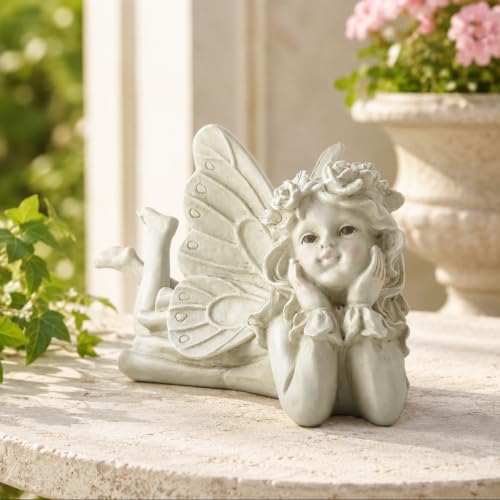 Laying Angel Garden Statue, Resin Fairy Figurine Outdoor Patio Decor | Weather-Resistant Accent For Lawns, Porches, Flower Beds And Garden Gifts - style: Angel Holding Face
