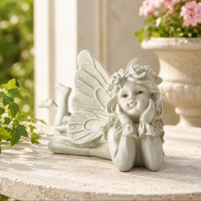 Laying Angel Garden Statue, Resin Fairy Figurine Outdoor Patio Decor | Weather-Resistant Accent For Lawns, Porches, Flower Beds And Garden Gifts - style: Angel Holding Face